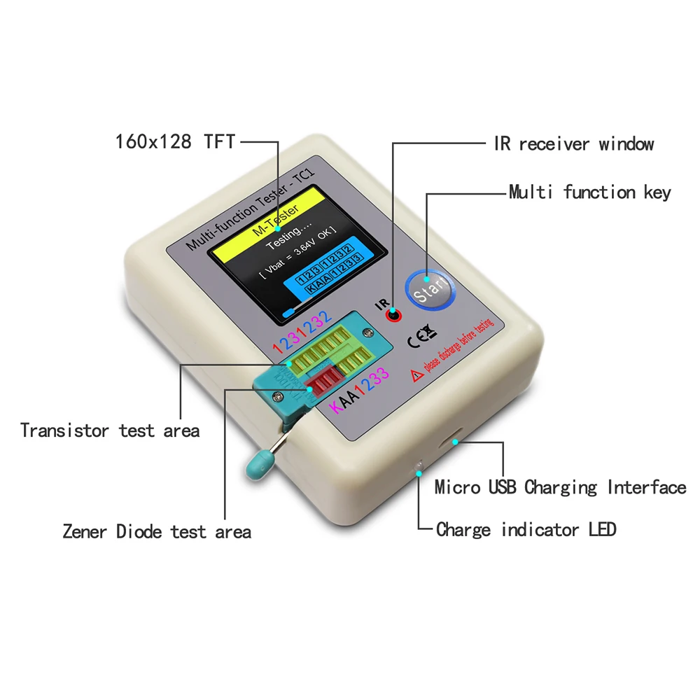 LCR-TC1 1.8" TFT LCD Display Multi-meter Transistor Tester Diode Triode Capacitor Resistor Test Meter MOSFET NPN PNP Triac MOS