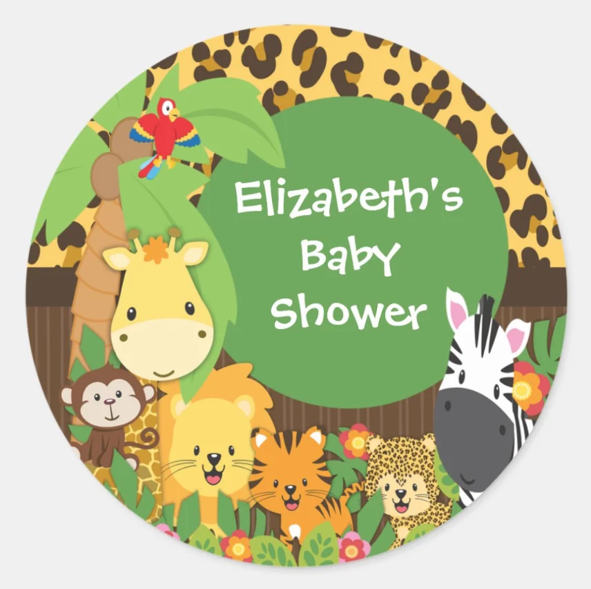 thumbnail image 1 of Animales de la jungla personalizados Texto personalizado Nombre personalizado Zoológico Cumpleaños Vida salvaje Zoológico Bebé Baño Fiesta Bautismo Etiqueta, 1 of 5