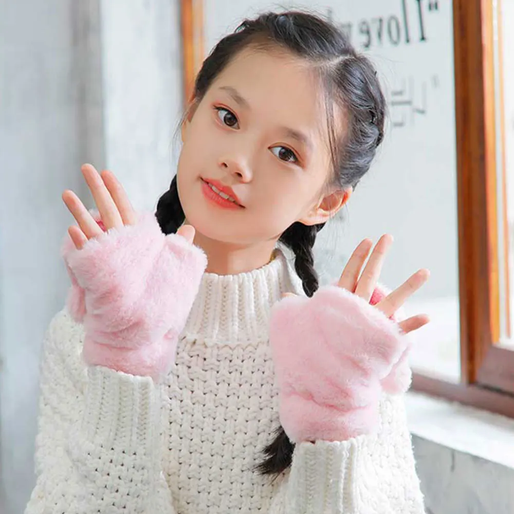 Kawaii Animals Fur Mittens Winter Warm Gloves for Children Kids Ear Flip Mitten Plush Glove Fingerless Thicken Glove Finger Gift