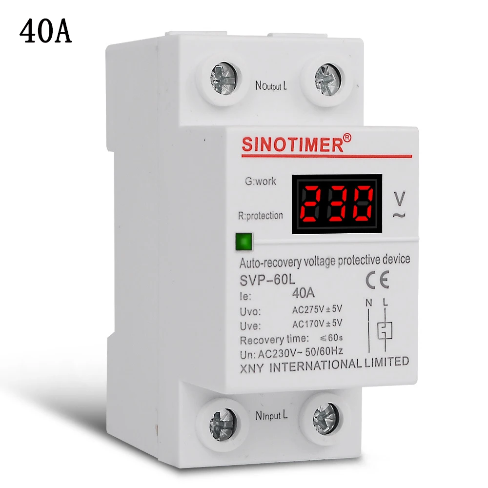 Digital Voltmeter Display Self Resetting Household Switch 220V Overvoltage And Undervoltage Protector SVP-60L 230V AC 40A 63A