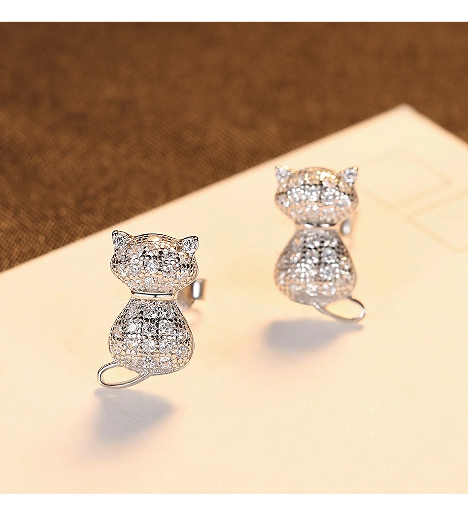 Orecchini a bottone in argento sterling con simpatici gatti bianchi neri CZ per donne e ragazze, feste, dolci gioielli raffinati, regali di Natale_voghion.com