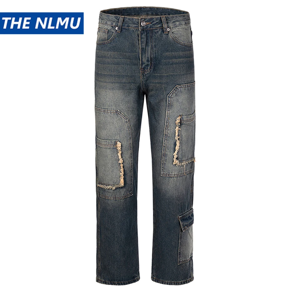 

Retro Patchwork Denim Pants Multi Pockets Loose Straight Cargo Jeans Men Streetwear Fashion Casual Blue Jeans
