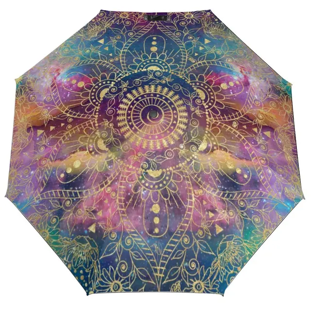 Arany Mandala Nyomtatás 3 Hajtogatott Autós Esernyő Szüreti Virág Fekete Kabát Uv Védelem Ligthsúlyos Esernyők Férfi Nők Számára - Image 2