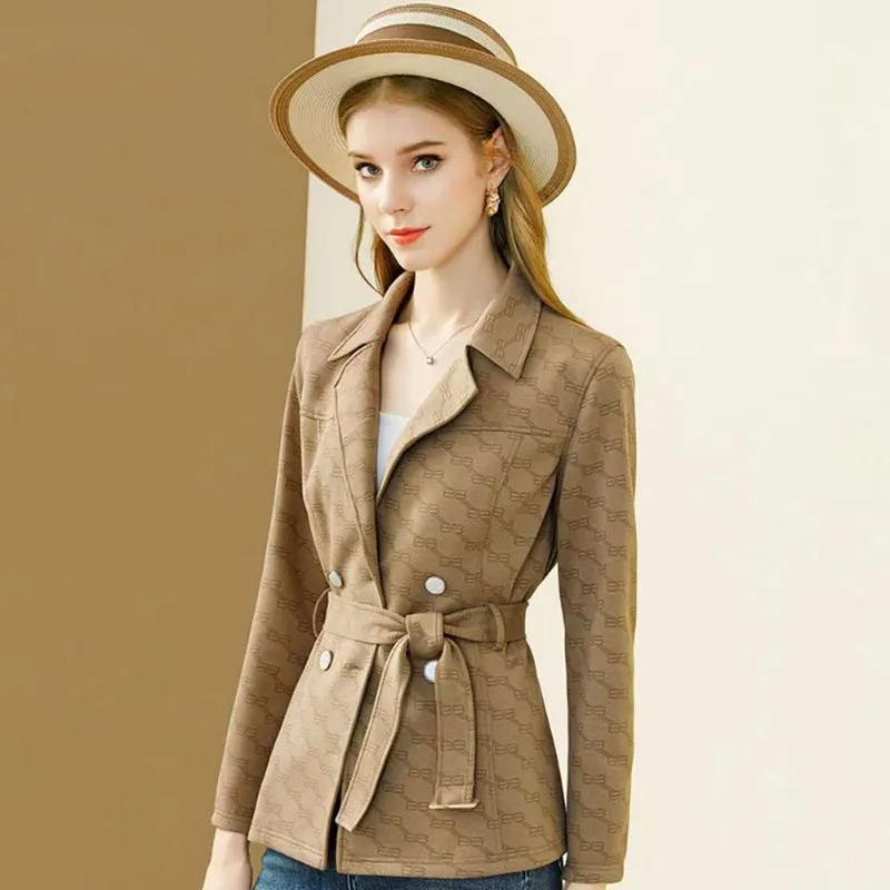 Women High-End Luxury Suit Collar Trench Coat Coat Spring Autumn Female Design Sense Elegant Tied Jacket Slim Fit Short Outwear