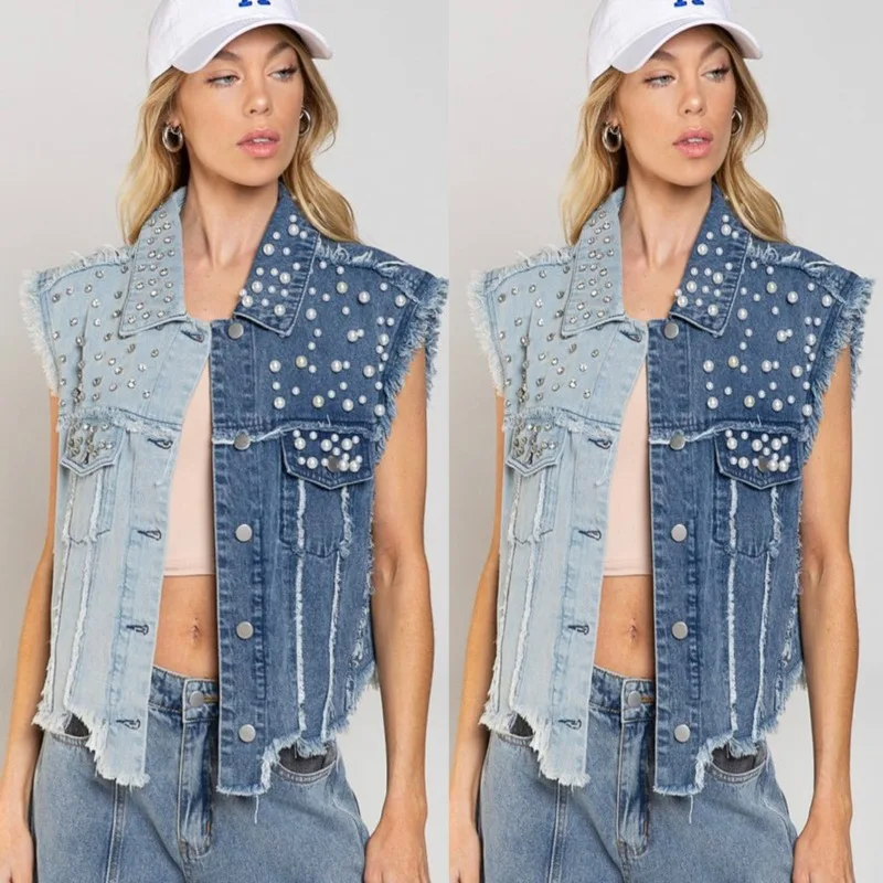 Women's Stitching Beaded Loose Cropped Denim Vest retro denim jacket 2021 new long sleeved lapel loose denim stitching woolen jacket female aztec vintage denim stitching coat