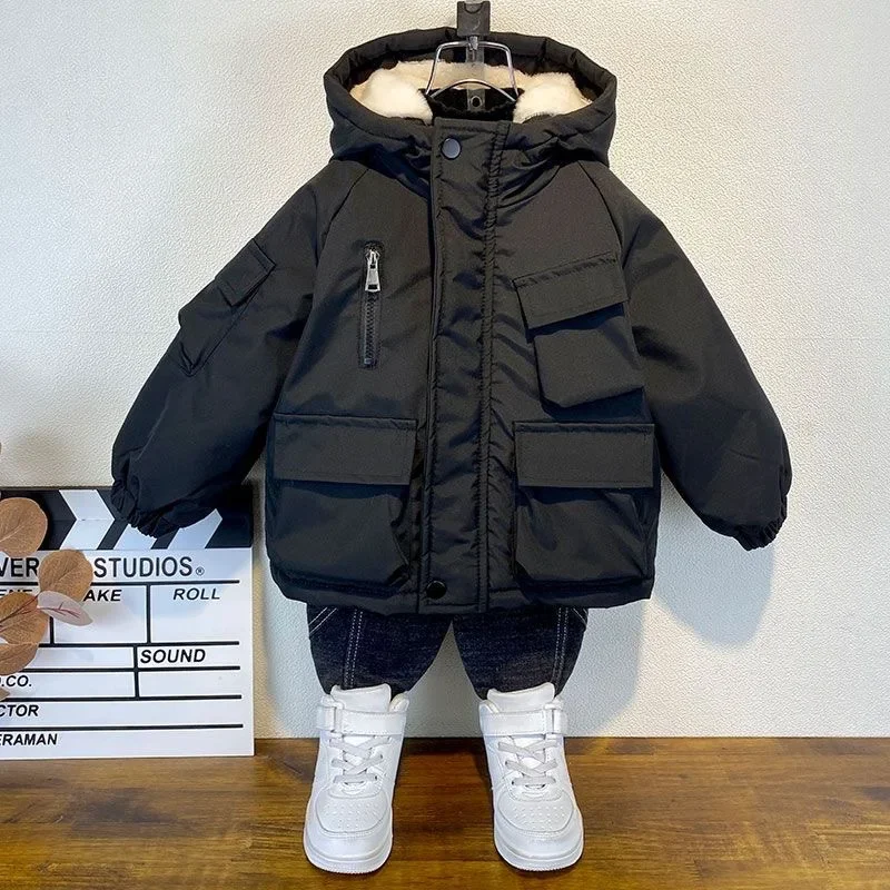 

New Winter Down Cotton Jacket Boys Black Hooded Coat Children Outerwear Clothing Teenage 3-8Y Kids Parka Padded Snowsuit