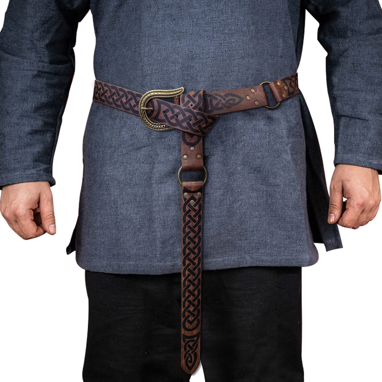 레트로 가죽 벨트, 중세 양각 바이킹 Vegvisir PU 가죽 O 링 벨트, 르네상스 나이트 버클