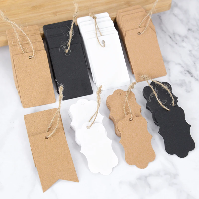 100pcs Blank Gift Tag Kraft Paper Hang Tags Label with Ropes Gift Packaging Cards For Wedding Birthday Party Baby Shower Decor