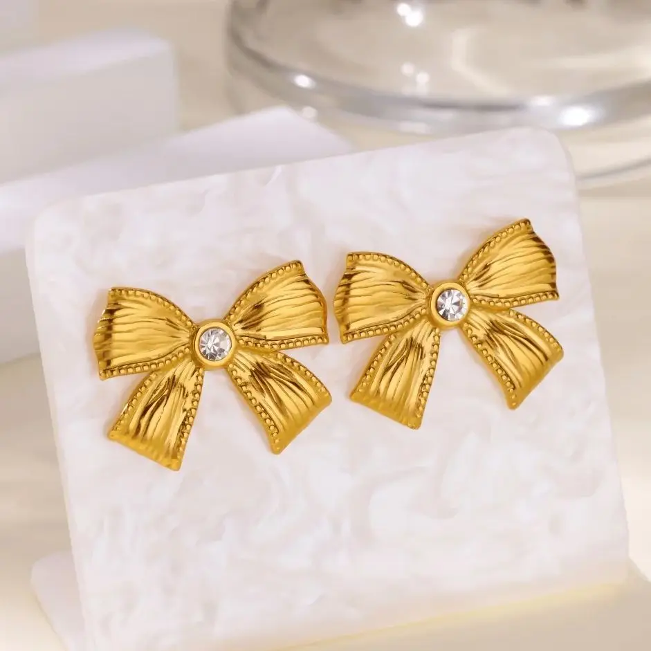 Stainless Steel Zircon Bowknot Earrings for Women