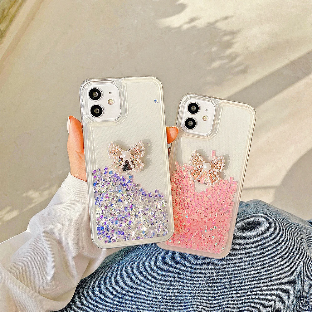 Luxury Liquid Quicksand Diamond 3D Pearl Bow Custodia Trasparente Per Telefono Per Iphone14 13 12 11 Pro Max X Xr Xs 6S 7 8 Plus Cover Posteriore Blin