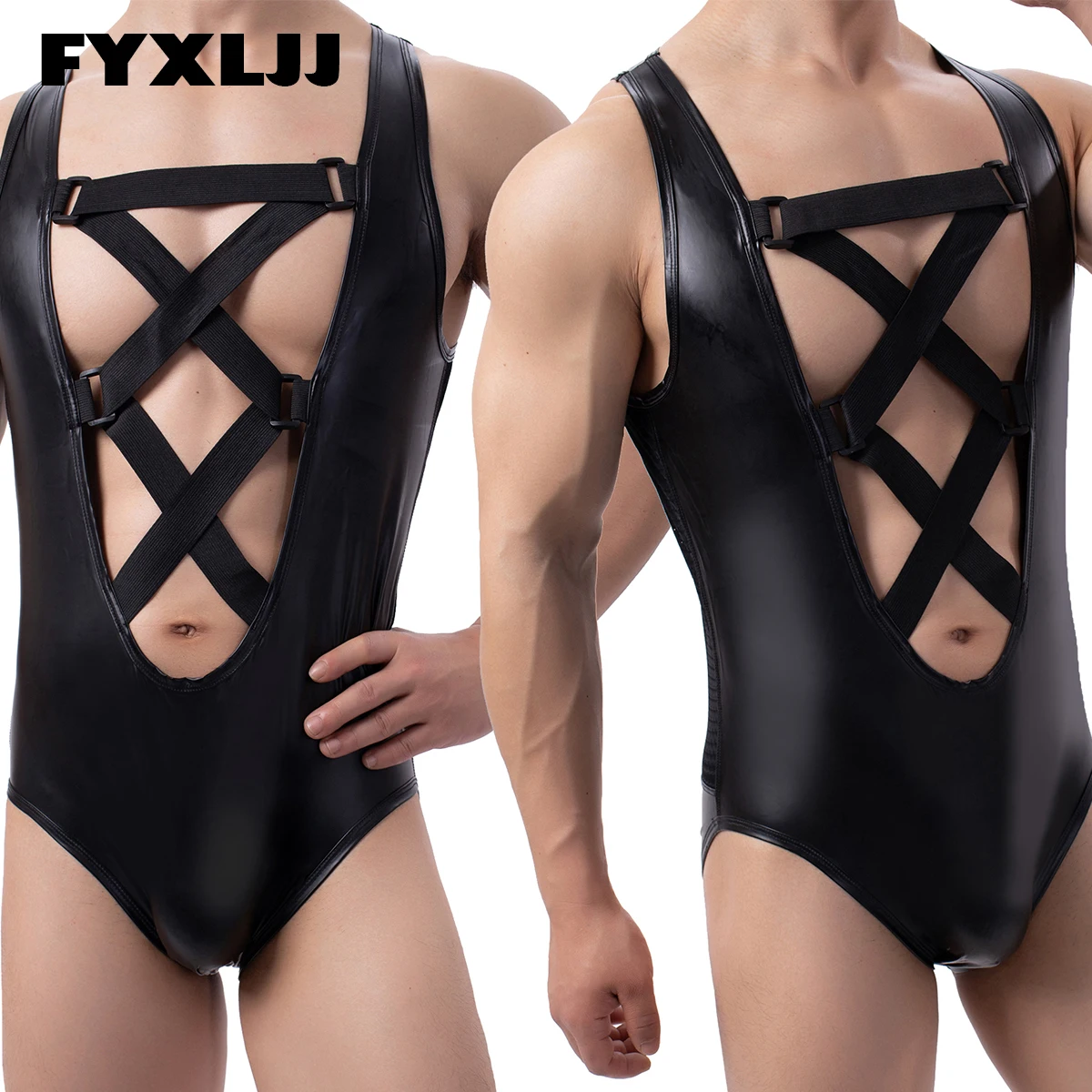 

FYXLJJ Sexy Mens Faux Leather Undershirt Leather Bodysuit One-Piece Leotard Clubwear Wrestling Singlet Gay Penis Pouch Jumpsuits