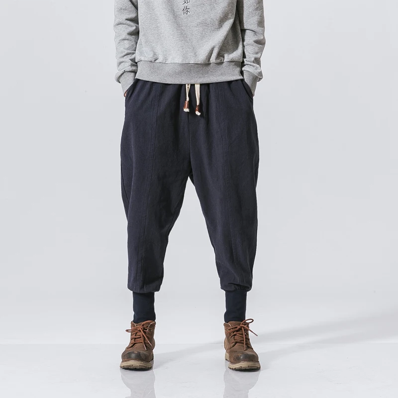Hip Hop Cotton Harem Pants Men Solid Elastic Waist Streetwear Joggers Baggy Drop-crotch Pants Casual Trousers