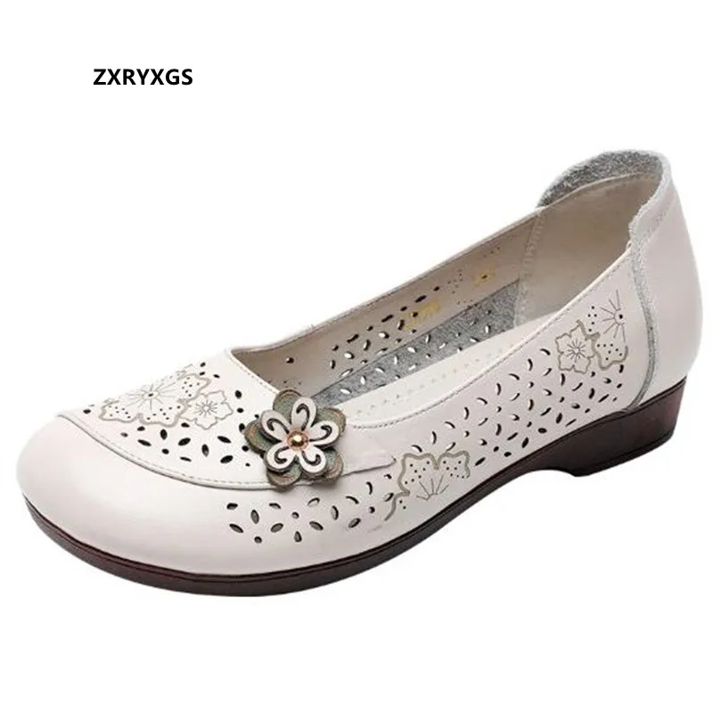 

2023 New Spring Summer Genuine Leather Shoes Classic Flowers Hollow Breathable Sandals Flat Shoes Women Fashion Casual Shoes