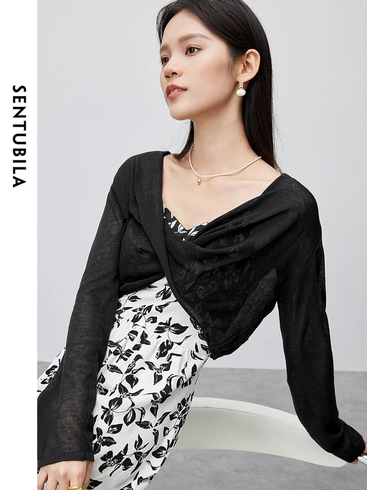 SENTUBILA Casual Cropped V-neck Knitted Pullovers 2024 Summer Fashion Loose Thin Soft Long Sleeve Top Woman Clothing W42H55450 5