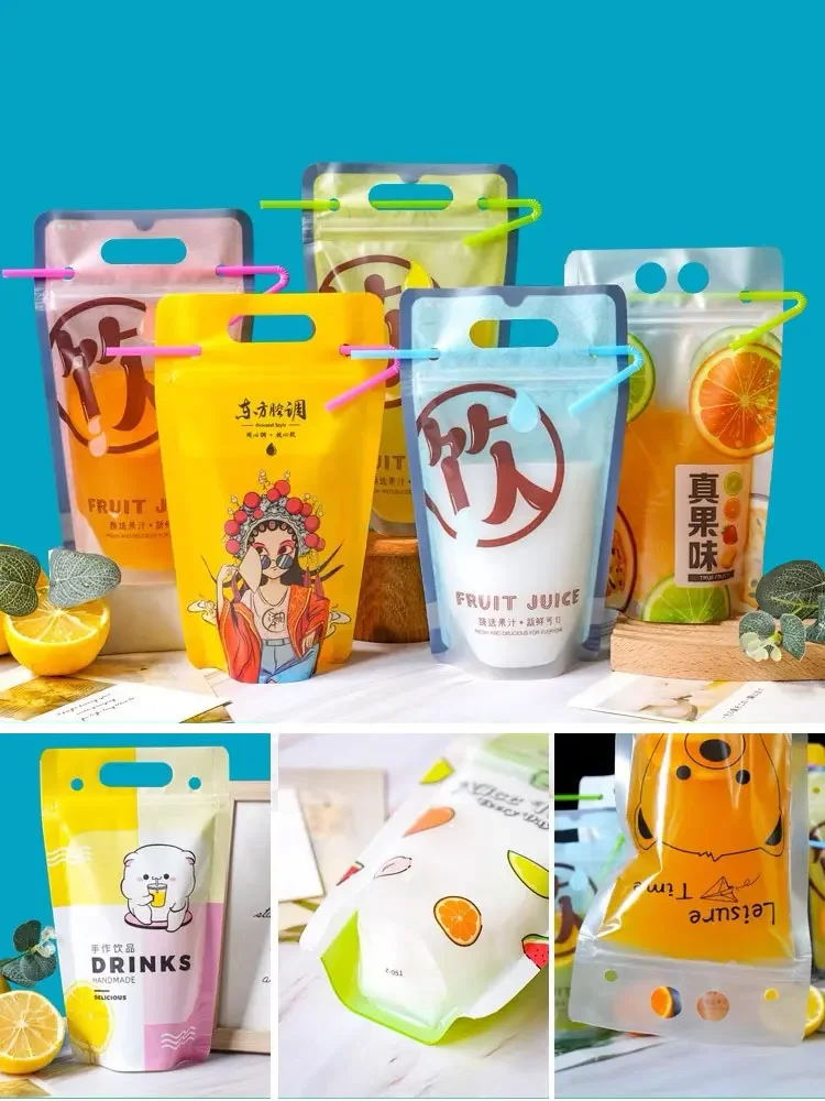 

Portable Beverage Bags Disposable Straw Cold Drinks Hot Drinks Self-supporting Bag Milk Tea Takeout Seal Zipper Packaging Bag