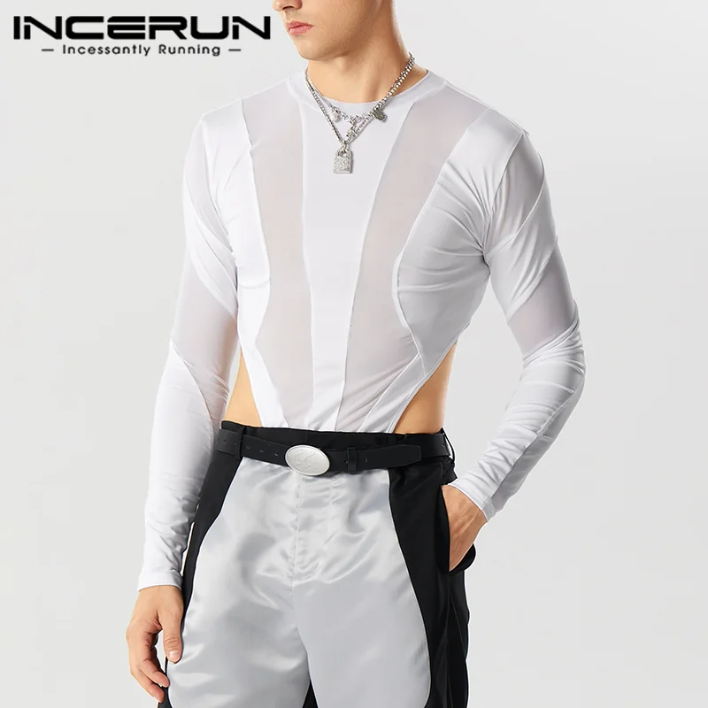 INCERUN 2023 Sexy Men Rompers Fashion See-through Mesh Hole Panel Jumpsuits Casual Solid Comfortable Long Sleeve Bodysuits S-5XL