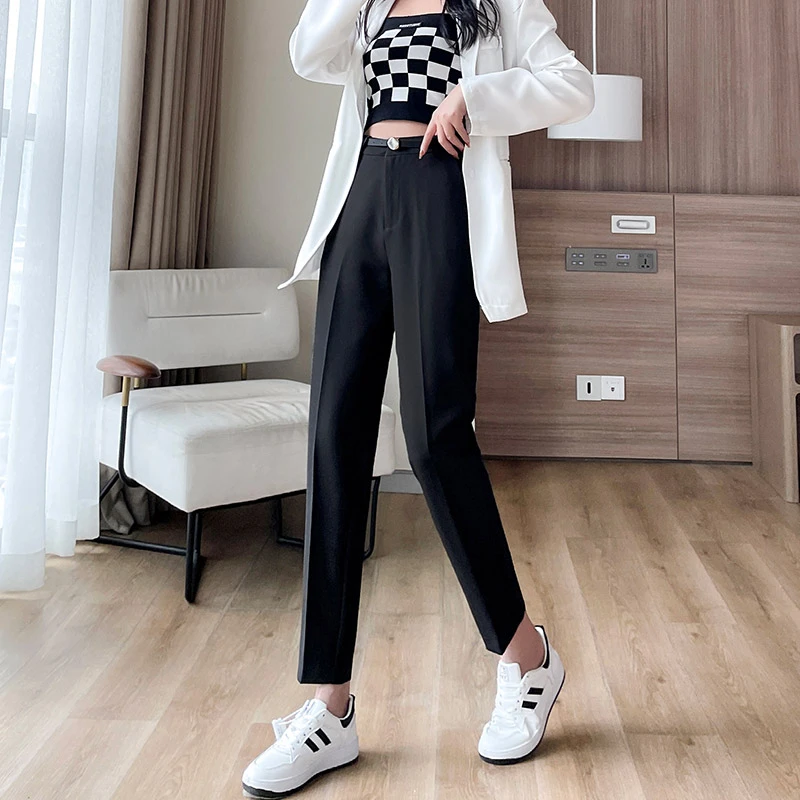 Black suit pants female spring straight tube loose high waist skinny foot pants small man pendant smoke pipe nine points west pa white capri leggings