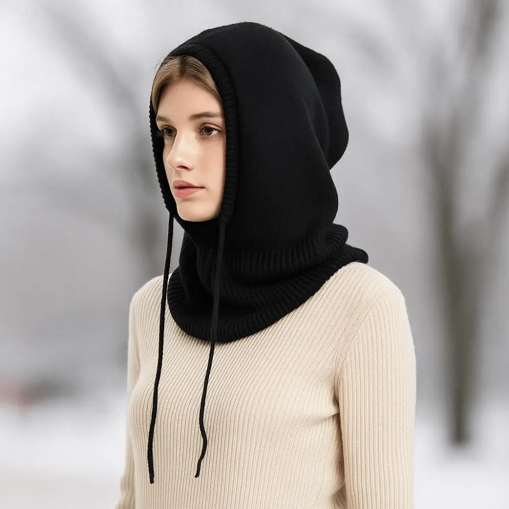 Winter Knitted Balaclava Hat Drawstring Hat Scarf Dual-purpose Pullover Cap Windproof Women's Head Hooded Cap for Men&Women