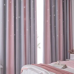 Thermal Insulated Blackout Curtains with Silver Twinkle Star Design - 100x200cm (Grey pink)