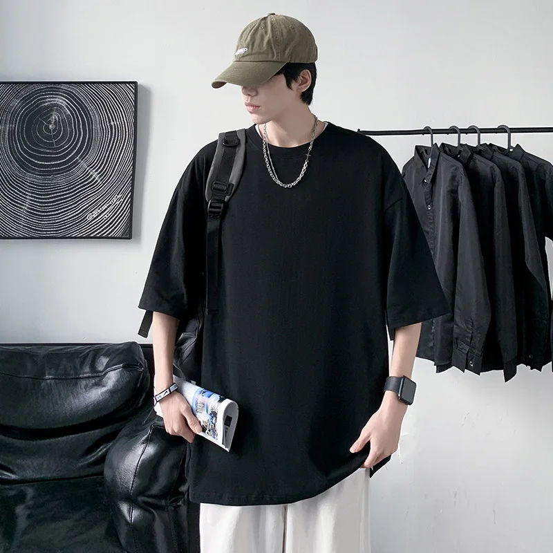 

Men Korean Style Pure Cotton Short Sleeved T-shirt Heavyweight Summer Oversize Loose Casual Minimalist Clothes Monochromatic