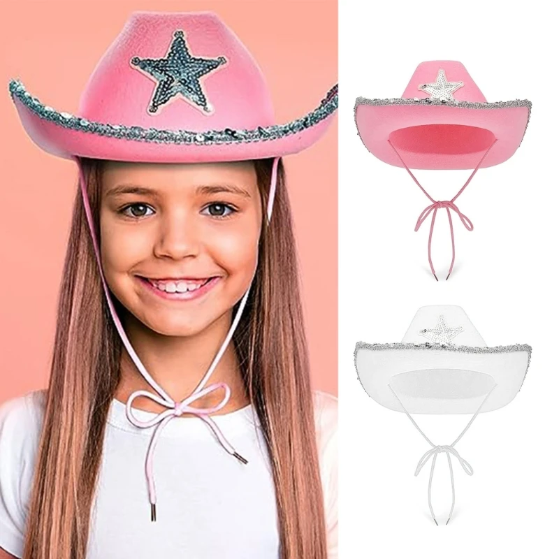 Felt Cowboy Hat Western Cowgirl Hat Costume Glitter Hats Cap for Kids Boys Girls