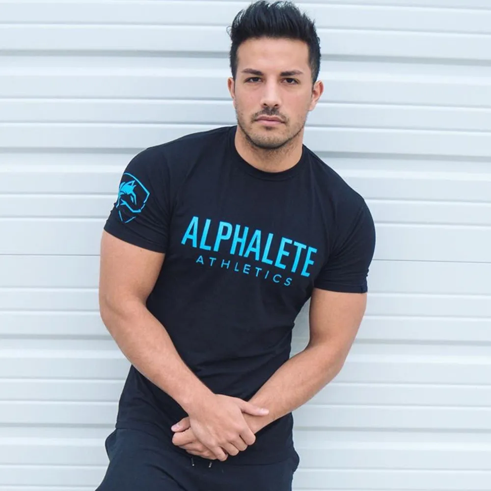 Cotton Running Sport T-shirt Men Gym Fitness Skinny Shirt Short Sleeve Print Tee Tops Male Summer Bodybuilding Training Clothing