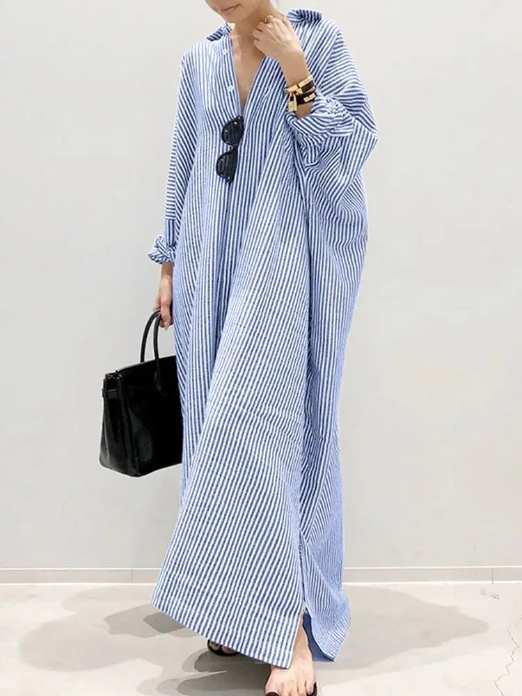 

2024 Stripe Printed Beach Party Sundress Zanzea Autumn Bohemian Women Long Sleeve Lapel Dress Fashion Casual Loose Vestidos