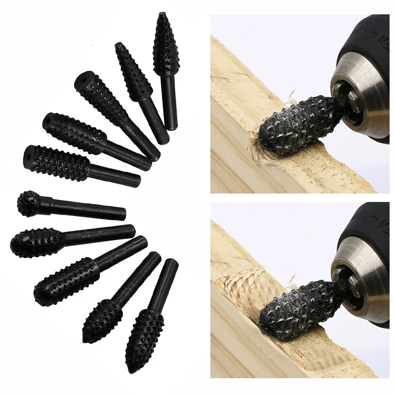 

10pcs 1/4" 6.35mm Round Shank Rasp File Drill Bits Set Drill Grinder Drill Rasp For Woodworking Carving Tool Rotary Burr Set