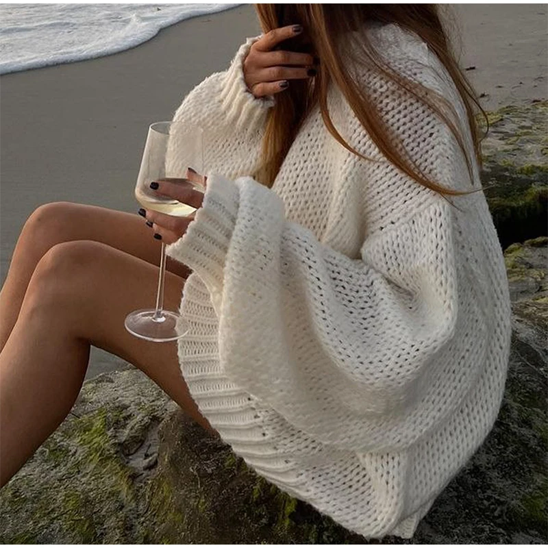 Casual Knitted Hollow Out O-neck Sweaters Women Loose Solid Long Sleeve Pullover Sweater Female Autumn Chic Elegant Street Tops