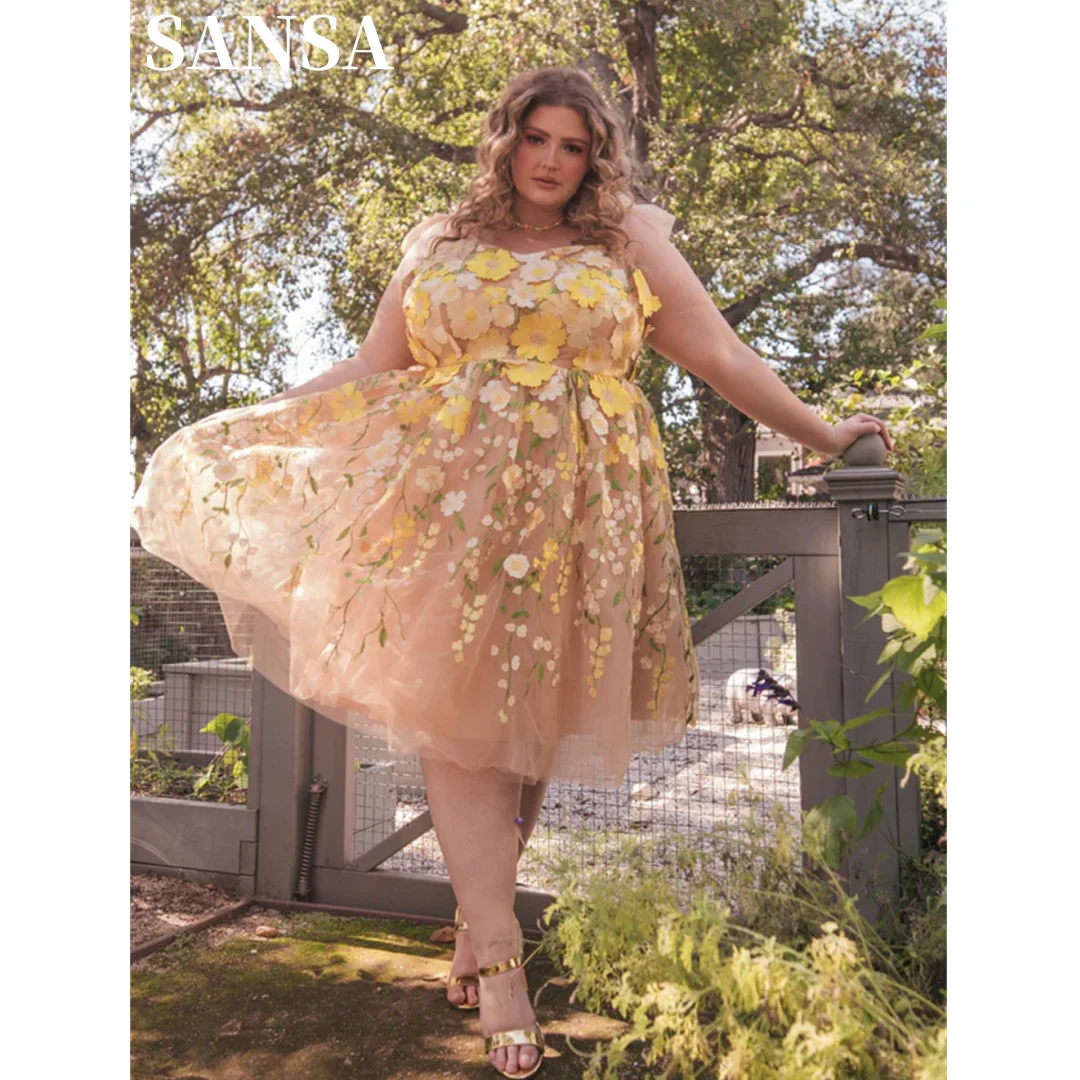 

Sansa Plus Size فساتين السهرة Lace Embroidery Tulle Vestidos De Noche Elegant Sleeveless Sweetheart Knee-Length Prom Dresses