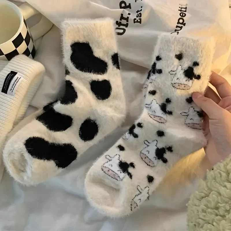2 Pairs Cute Cow Spots Print Socks Thickened Warm Coral Fleece Socks Women's Stockings Hosiery womens socks