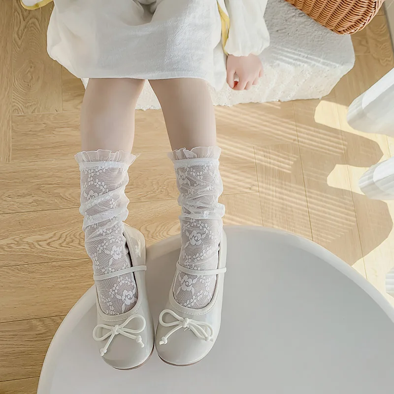 Summer Baby Sweet White Calf Socks for Girls Lace Ruffle Floral Sock for Child Fishnet Princess Soft Thin Sock Cloth Accessories