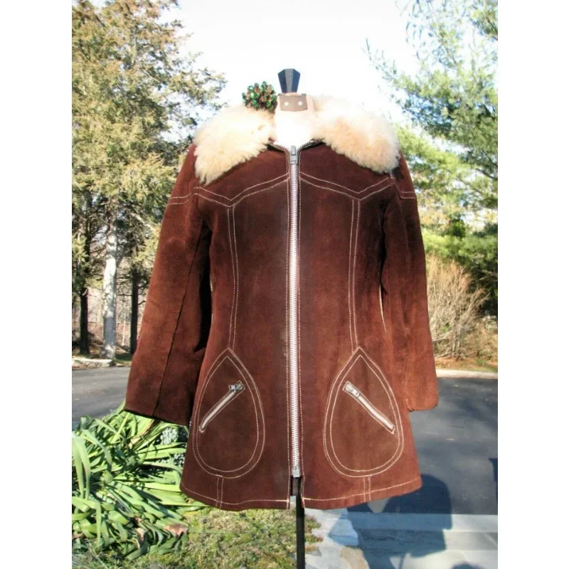 Retro Bronze Coat Suede Long Sleeve Sheep Fur Collar Leather Jacket Women