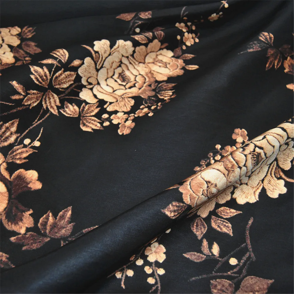 Vintage Heavy Silk Linen Satin Fabric Hemp 30mm 54" Black Flowers Shiny Woven Mulberry for  Men Women Dress Cloth Kimono