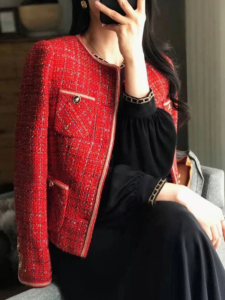 

Zoki Christmas Red Tweed Jacket Women Elegant Buttons Korean Short Coat Fashion O Neck Long Sleeve Lady Casual Design Sweet Tops