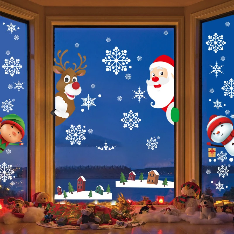 Merry Christmas Window Stickers Santa Claus Elk Snowflake New Year Window Glass Sticker Wall Decal Christmas Decorations