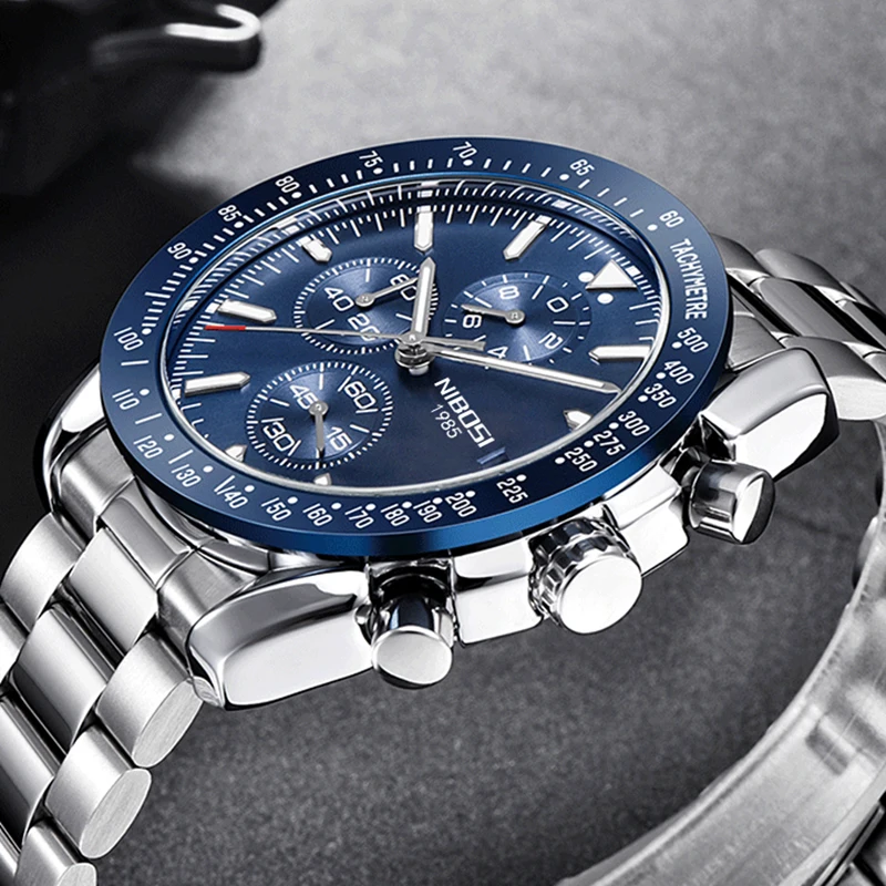 NIBOSI Fashion Blue Quartz Watch for Men Stainless Steel Waterproof Luminous Sports Chronograph Watches Mens Relogios Masculino