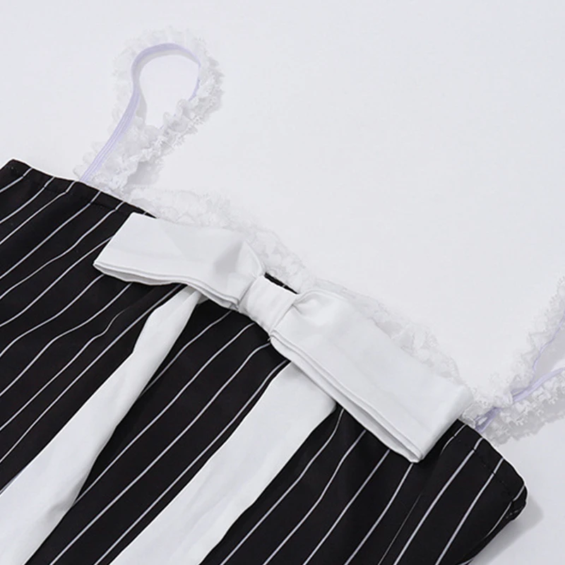 y2k Dress 2000s Women Striped Lace Stitching Off Shoulder Sleeveless Bodycon Short Dress with Bow Decor Party Dresses