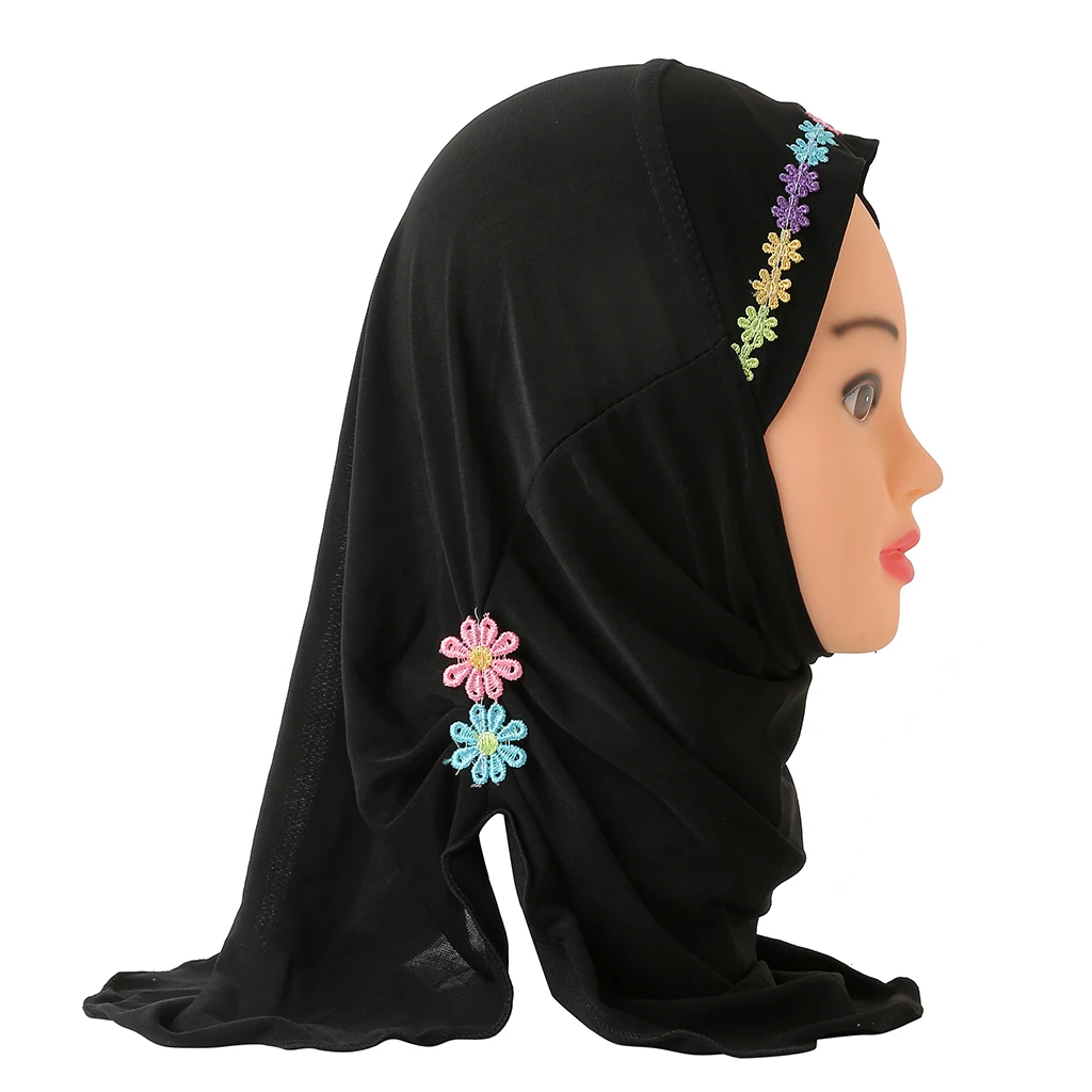 H041 Fit 2-5 years old small girl cute hijab cap with flower muslim scarf islamic headscarf hat amira pull on headwrap
