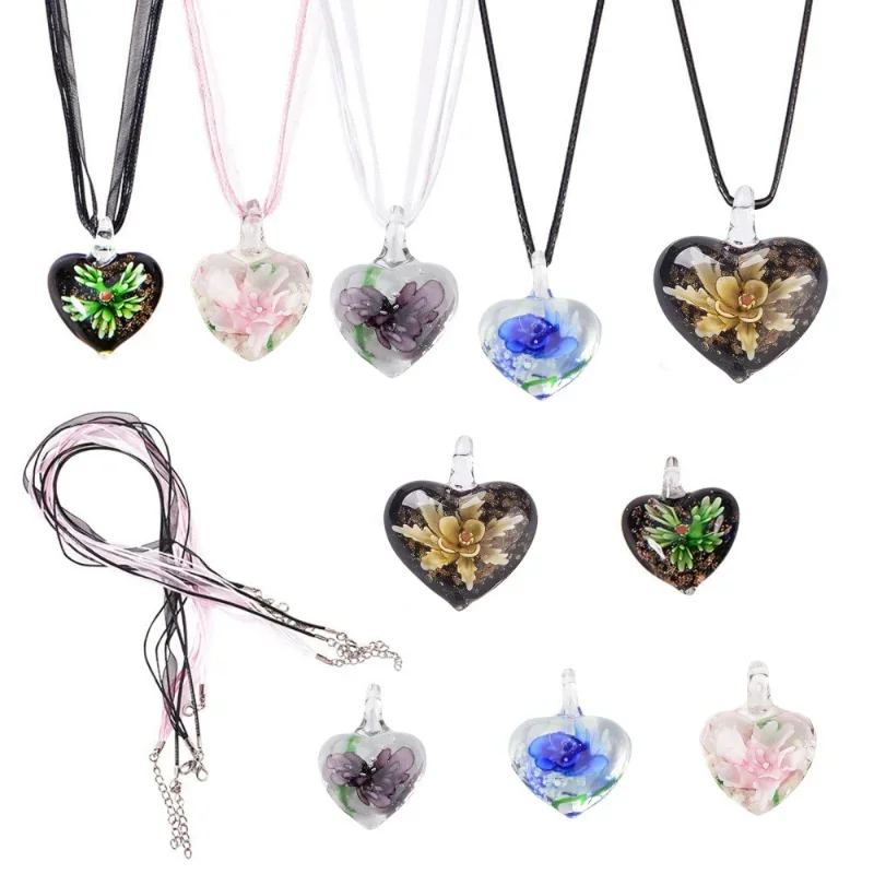 

Handmade Heart Shape Flower Printed Lampwork Pendants with Waxed Cord for DIY Necklace Jewelry Making Hanging Decor Accessories