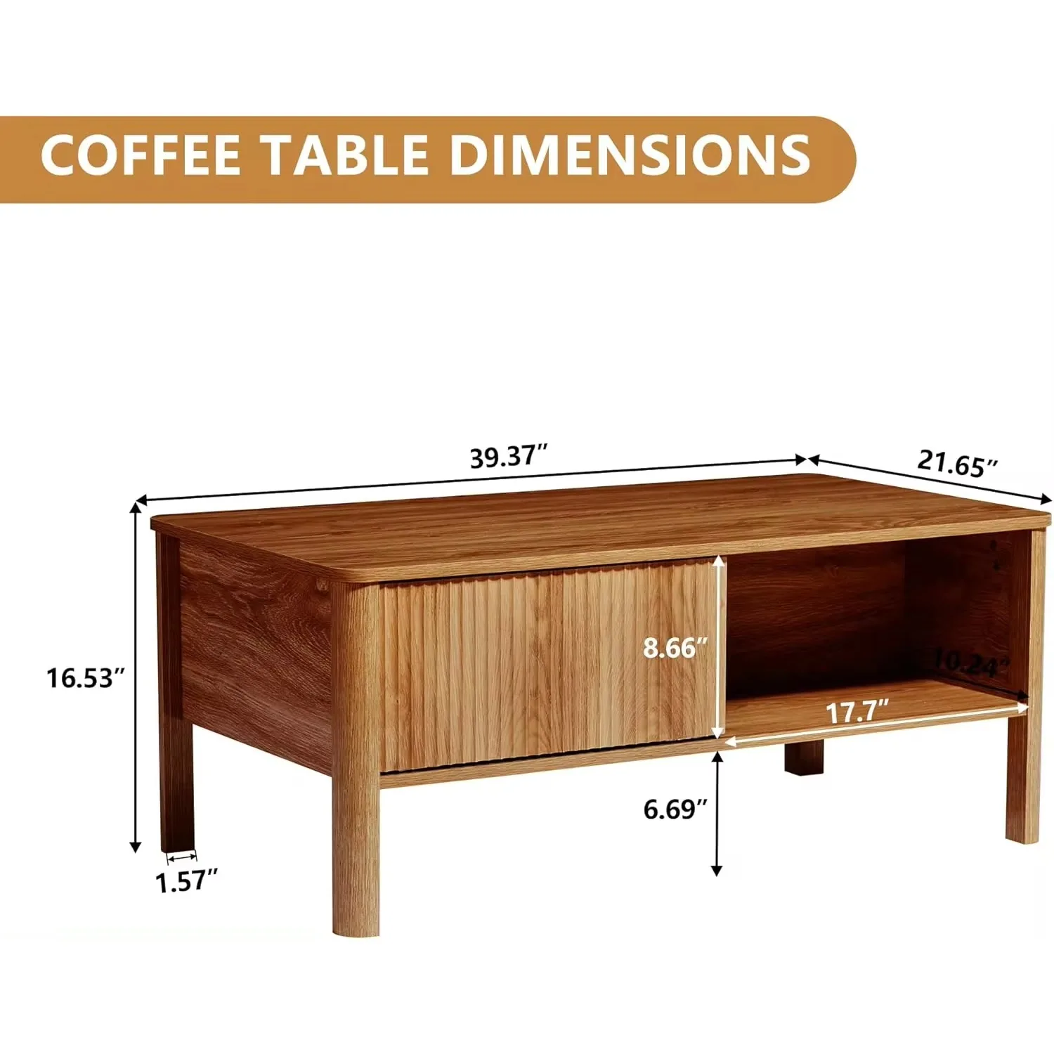 Coffee Table with Dual Storage Shelf, Storage Centerwith Waveform Panel Sliding Door Dining Table for Living Room Apartment 3