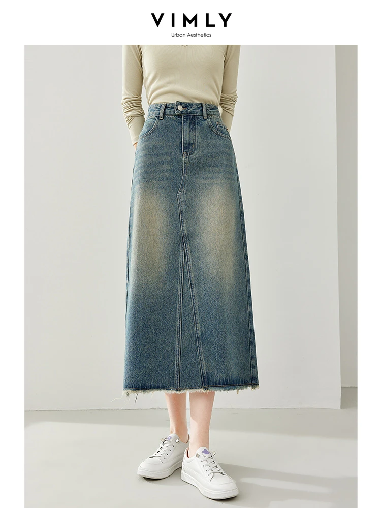 Vimly Retro High Waisted Cotton Split Denim Skirt for Woman 2024 Spring Washed Casual A-line Midi Jean Skirts Clothing 72982 vimly grey french elegant elastic waist cotton midi dresses 2024 spring v neck pullover long sleeve a line split dress m5853