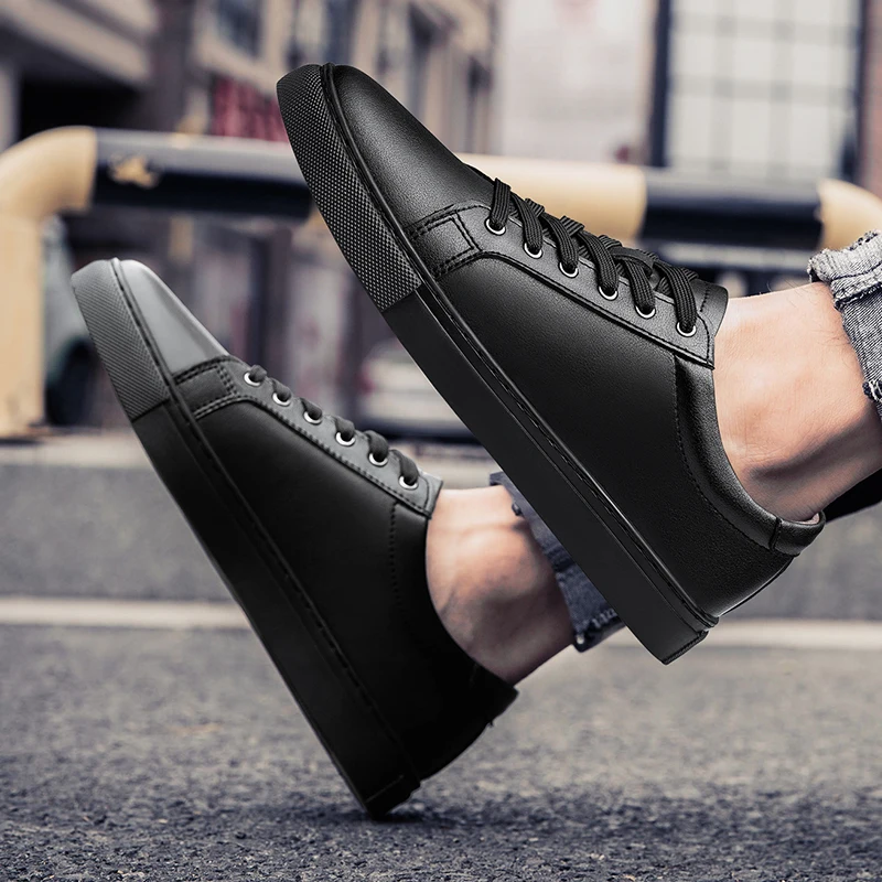 Handmade Black Leather Casual Sneakers - Mens Autumn Flats