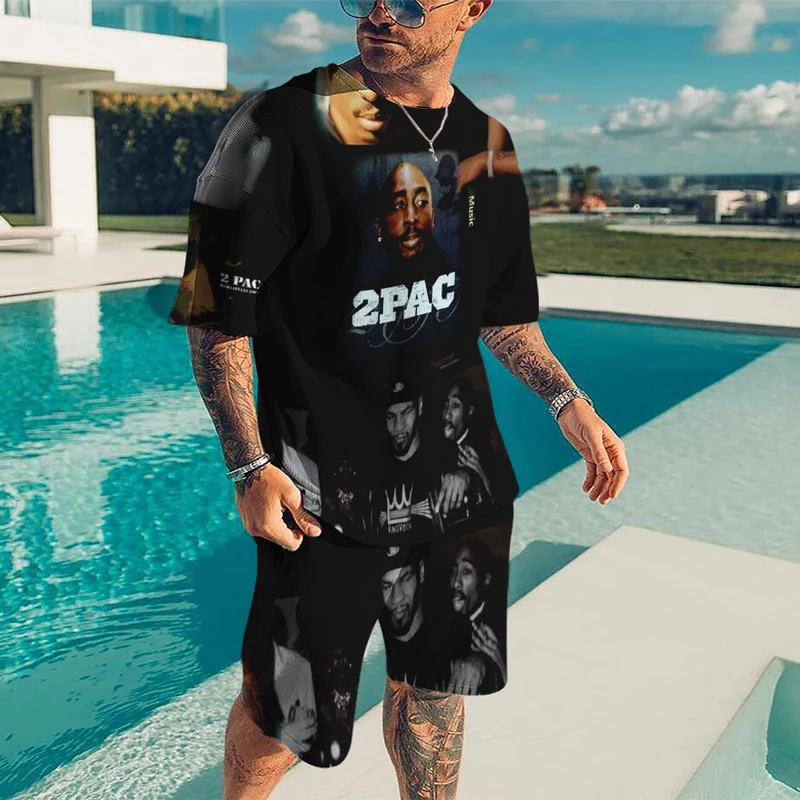 

Summer New Hip Hop Rap 2PAC Men's 3D Graphic Printing 2-Piece Fashion Athleisure Round Neck Short Sleeve T-Shirt + Shorts Set