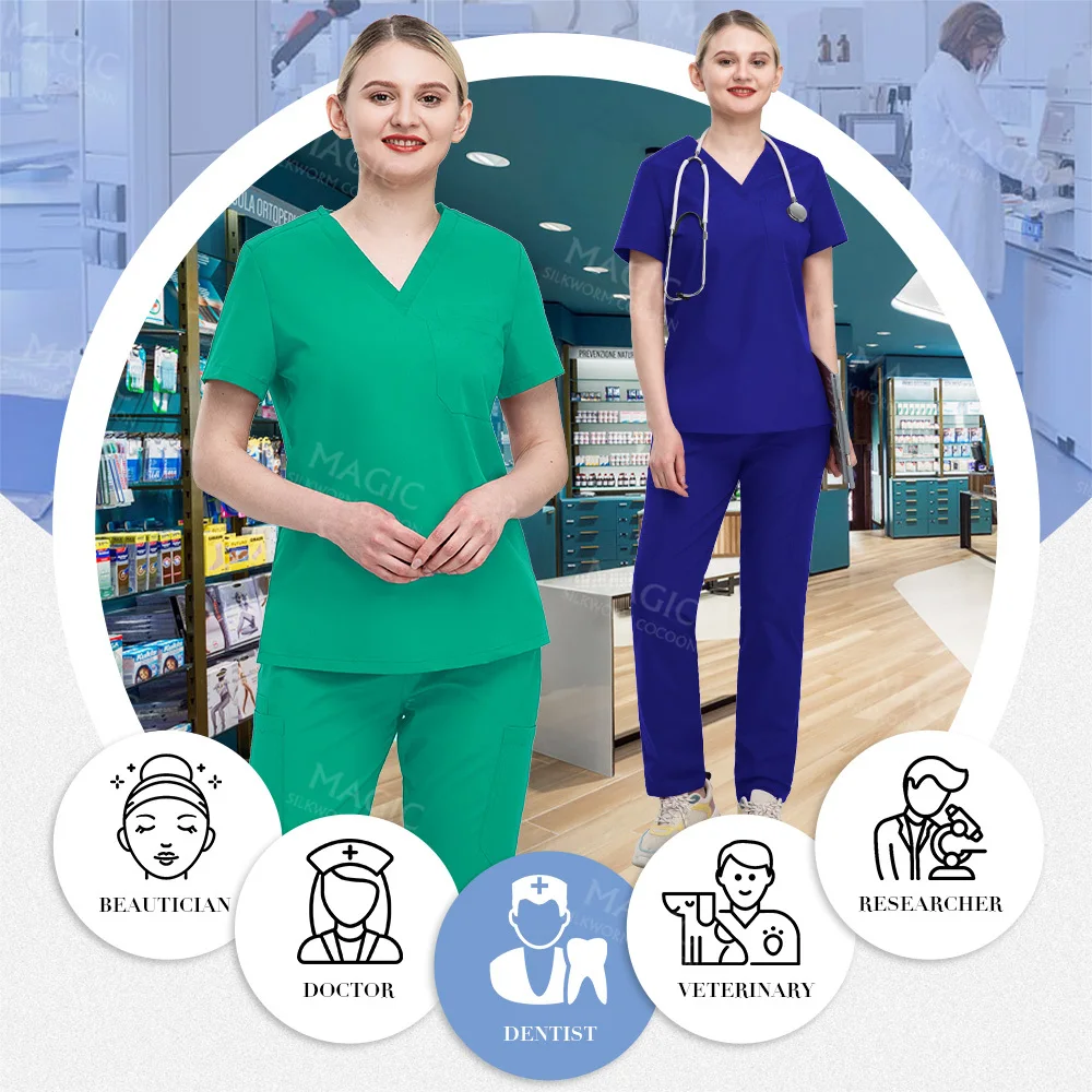 Beauty and Health Workwear Short Sleeved Tops+Pockets Pants Scrubs Set Doctor Work Clothes Spa Uniform High Quality Scrubs Suits