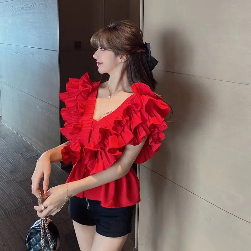 Tree Fungus Ruffles Red Blouse Women Lady Girl V Back V Neck Designer Hotsweet Shirts Summer Spring Beach Holiday Tops Princess soft silk women scarf fashion brand designer lady shawls and scarves echarpe foulard femme size 160 50cm