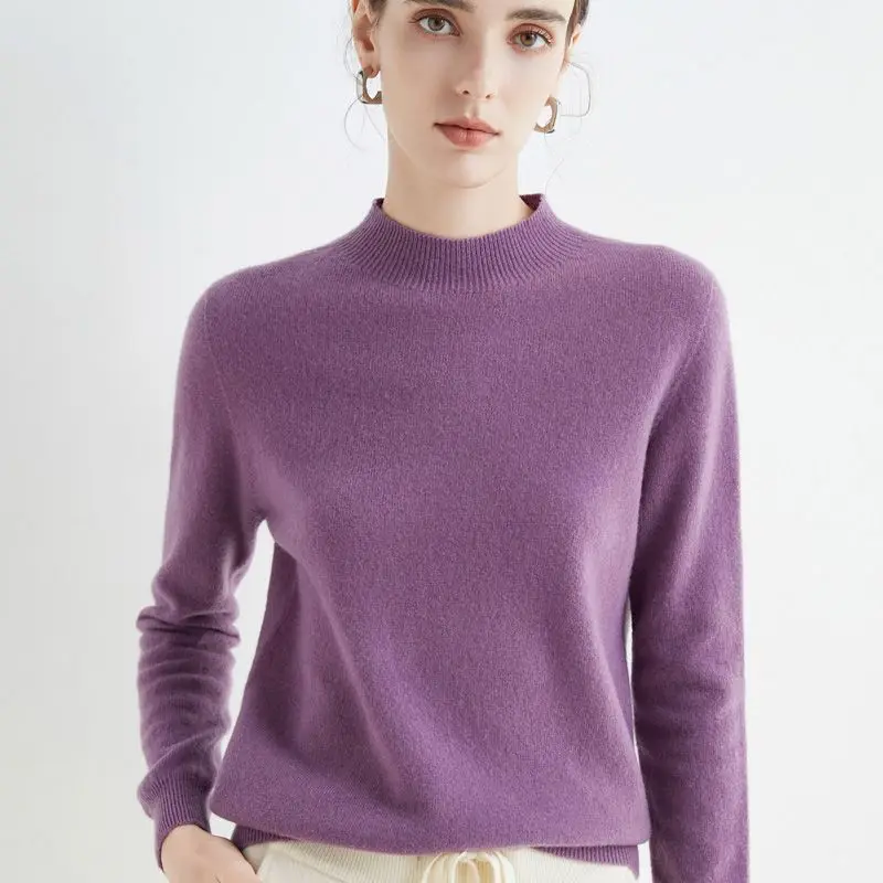 thumbnail image 1 of Suéter de cachemira de lana para mujer, jersey de cuello alto de media altura, prenda de primera línea, jersey de punto suelto de manga larga, top de color sólido para primavera/otoño, 1 of 5