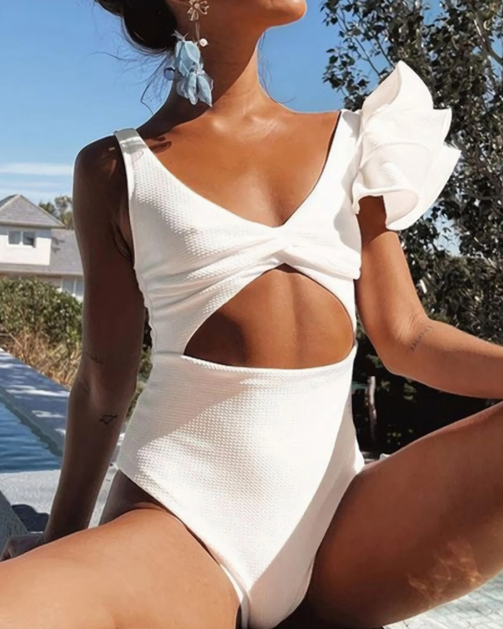 

Solid Ruffle One-Piece Swimsuit Asymmetrical Swimwear Holiday Beachwear Designer Bathing Suit Summer Surf Wear