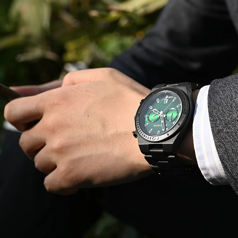 BOBO BIRD Wooden Men Watch Fashion Business Quartz Wristwatch Custom Engraved Wood Chronograph Watches with Date Display