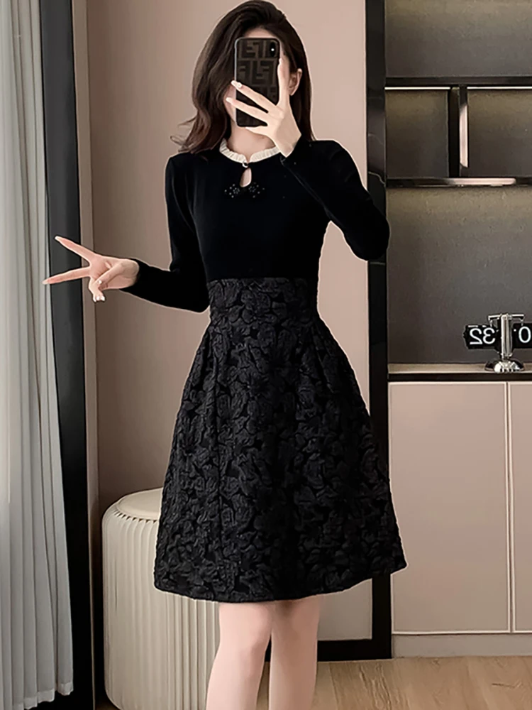

Женское Короткое трикотажное жаккардовое платье, черное элегантное винтажное платье пэчворк в Корейском стиле Хепберн для выпускного вечера, весна-осень 2024